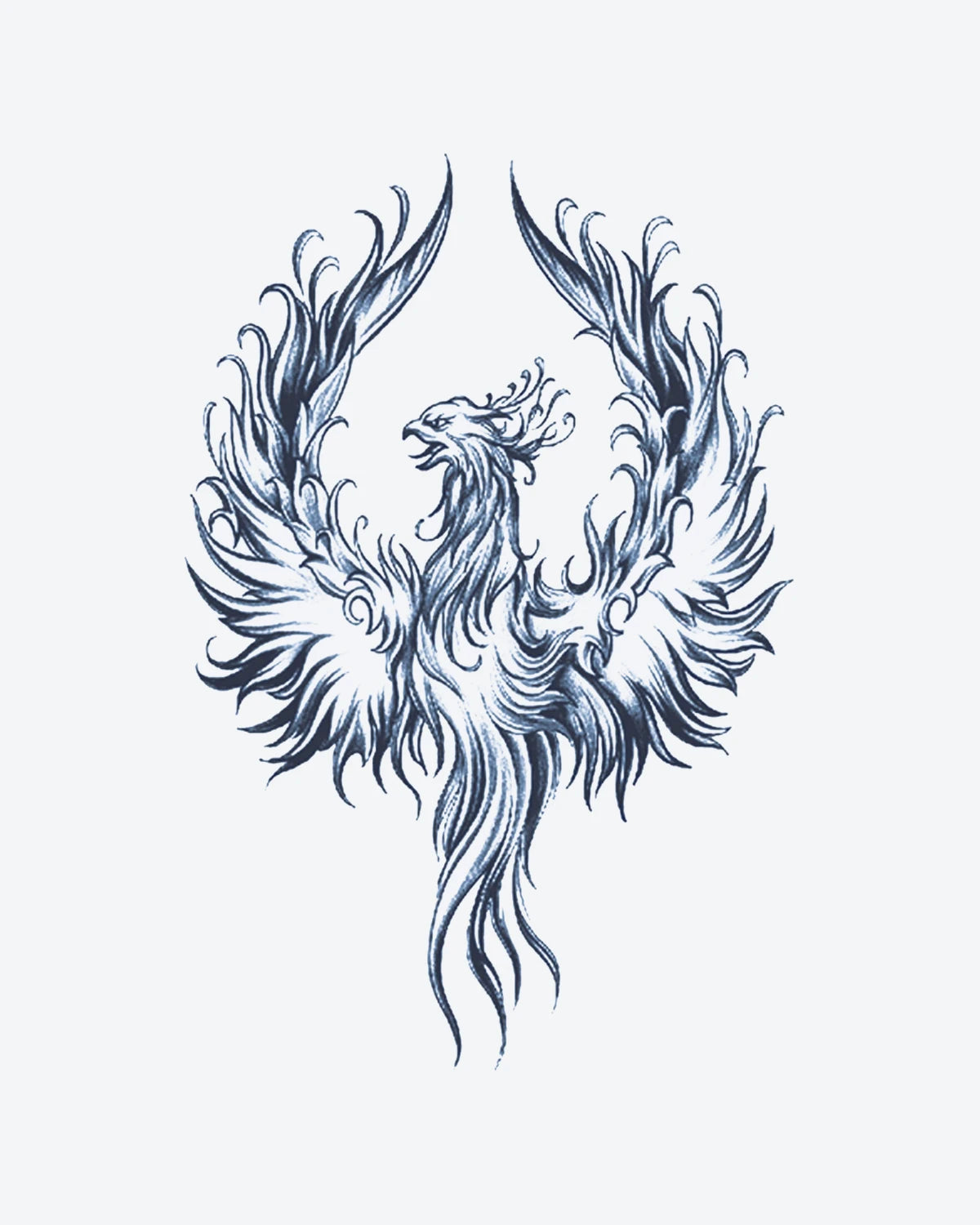 Rising Phoeni semi-permanent tattoo design by INKY – Bird, Feather, Phoenix, Fire illustration, 4 x 8 in (11x20 cm), available at inkytatt.com
