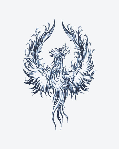 Rising Phoeni semi-permanent tattoo design by INKY – Bird, Feather, Phoenix, Fire illustration, 4 x 8 in (11x20 cm), available at inkytatt.com