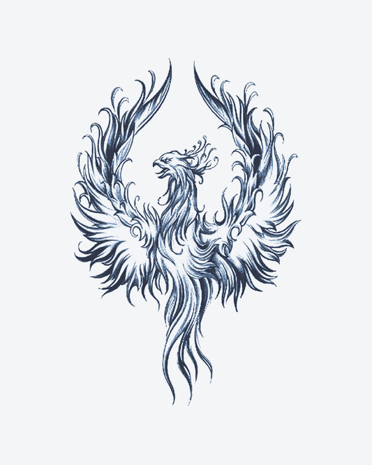 Rising Phoeni semi-permanent tattoo design by INKY – Bird, Feather, Phoenix, Fire illustration, 4 x 8 in (11x20 cm), available at inkytatt.com