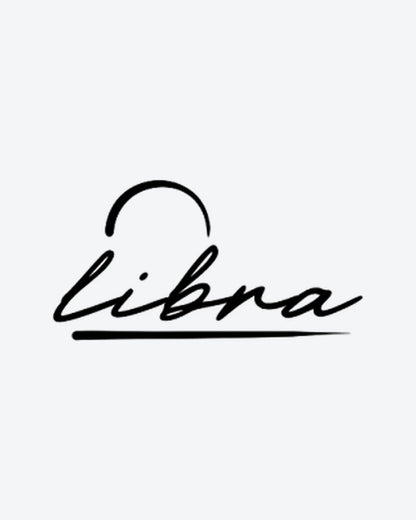Libra Script semi-permanent tattoo design by INKY – Fine Line, Libra illustration, 2 x 2 in (4x4 cm), available at inkytatt.com
