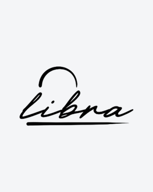 Libra Script semi-permanent tattoo design by INKY – Fine Line, Libra illustration, 2 x 2 in (4x4 cm), available at inkytatt.com