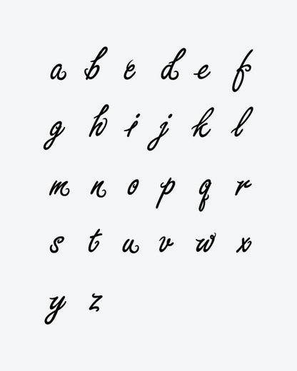 ABC Script semi-permanent tattoo design by INKY – ABC Script illustration, 3 x 3 in (7x7 cm), available at inkytatt.com