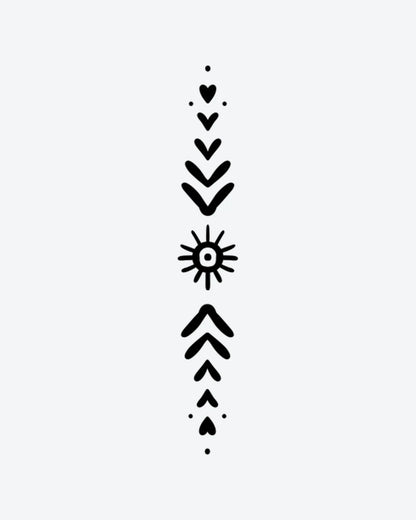 Boho Line semi-permanent tattoo design by INKY – Sun, Heart, Anchor, Arrow, Dots illustration, 2 x 4 in (6x10 cm), available at inkytatt.com