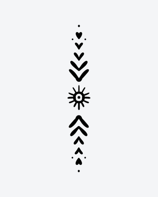 Boho Line semi-permanent tattoo design by INKY – Sun, Heart, Anchor, Arrow, Dots illustration, 2 x 4 in (6x10 cm), available at inkytatt.com