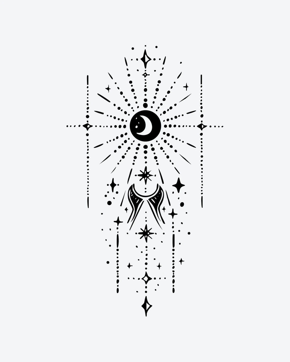 Mystic Sky semi-permanent tattoo design by INKY – Crescent Moon, Fine Line, Star, Diamond, Geometric illustration, 4 x 7 in (10x17 cm), available at inkytatt.com