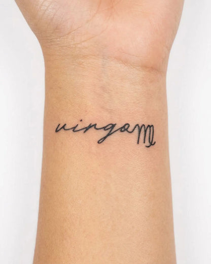 INKY Virgo Script semi-permanent tattoo applied on a woman – 2 x 2 in (4x4 cm) design, realistic ink look, lasts 10 days