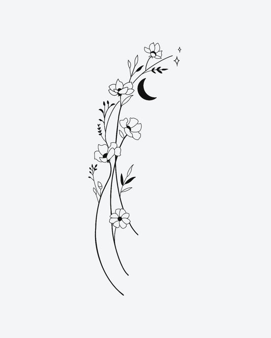 Moon Bloom 2 semi-permanent tattoo design by INKY – Crescent Moon, Fine Line, Flower, Leaves, Vine illustration, 4 x 7 in (10x17 cm), available at inkytatt.com