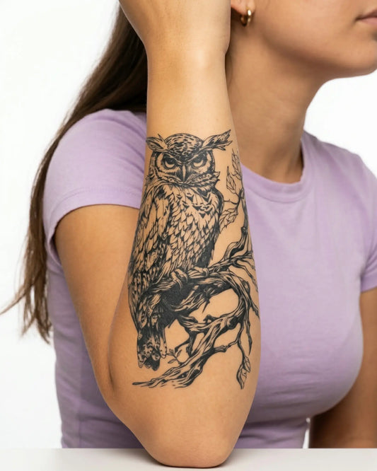 INKY Wise Owl semi-permanent tattoo applied on a woman – 4 x 7 in (10x17 cm) design, realistic ink look, lasts 10 days