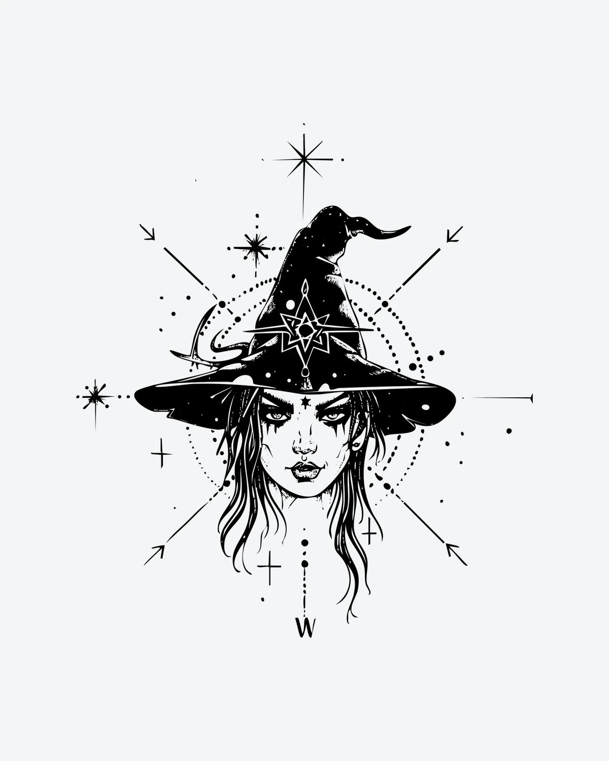 Mystic Witch semi-permanent tattoo design by INKY – Star, Compass, Dotwork, Lines illustration, 3 x 3 in (7x7 cm), available at inkytatt.com