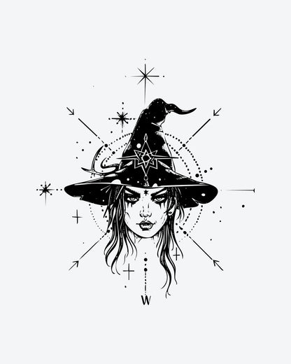 Mystic Witch semi-permanent tattoo design by INKY – Star, Compass, Dotwork, Lines illustration, 3 x 3 in (7x7 cm), available at inkytatt.com