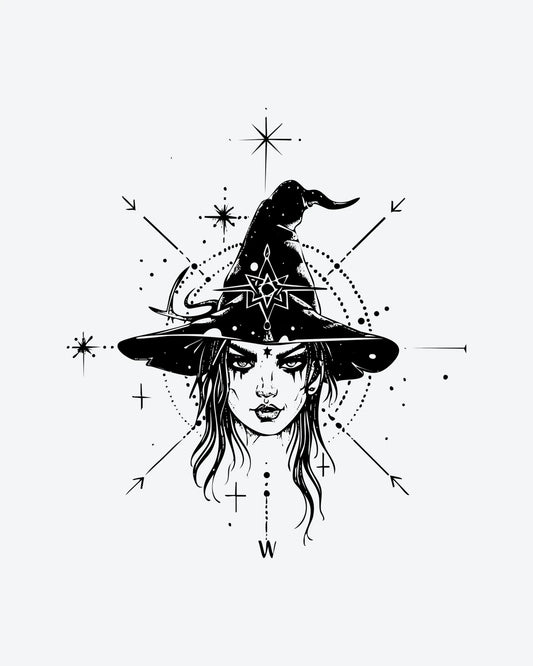 Mystic Witch semi-permanent tattoo design by INKY – Star, Compass, Dotwork, Lines illustration, 3 x 3 in (7x7 cm), available at inkytatt.com