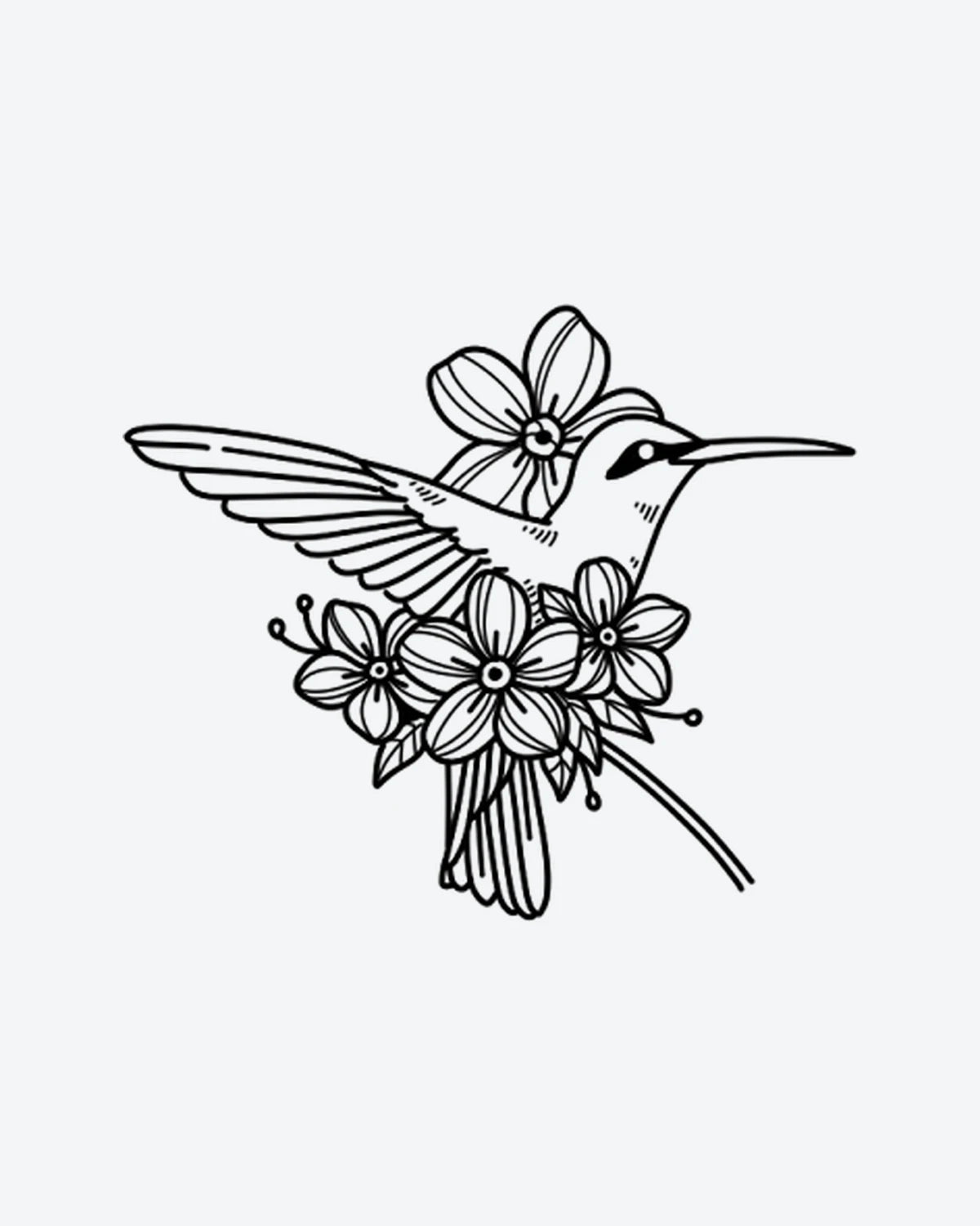 Humming Bloom semi-permanent tattoo design by INKY – Fine Line, Flower, Leaves, Hummingbird illustration, 3 x 3 in (7x7 cm), available at inkytatt.com