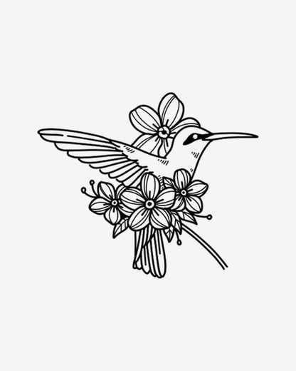 Humming Bloom semi-permanent tattoo design by INKY – Fine Line, Flower, Leaves, Hummingbird illustration, 3 x 3 in (7x7 cm), available at inkytatt.com