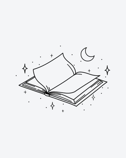 Magic Pages semi-permanent tattoo design by INKY – Crescent Moon, Fine Line, Star, Sparkle, Book illustration, 2 x 2 in (4x4 cm), available at inkytatt.com