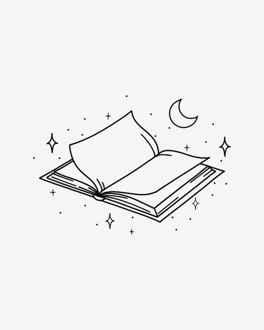 Magic Pages semi-permanent tattoo design by INKY – Crescent Moon, Fine Line, Star, Sparkle, Book illustration, 2 x 2 in (4x4 cm), available at inkytatt.com