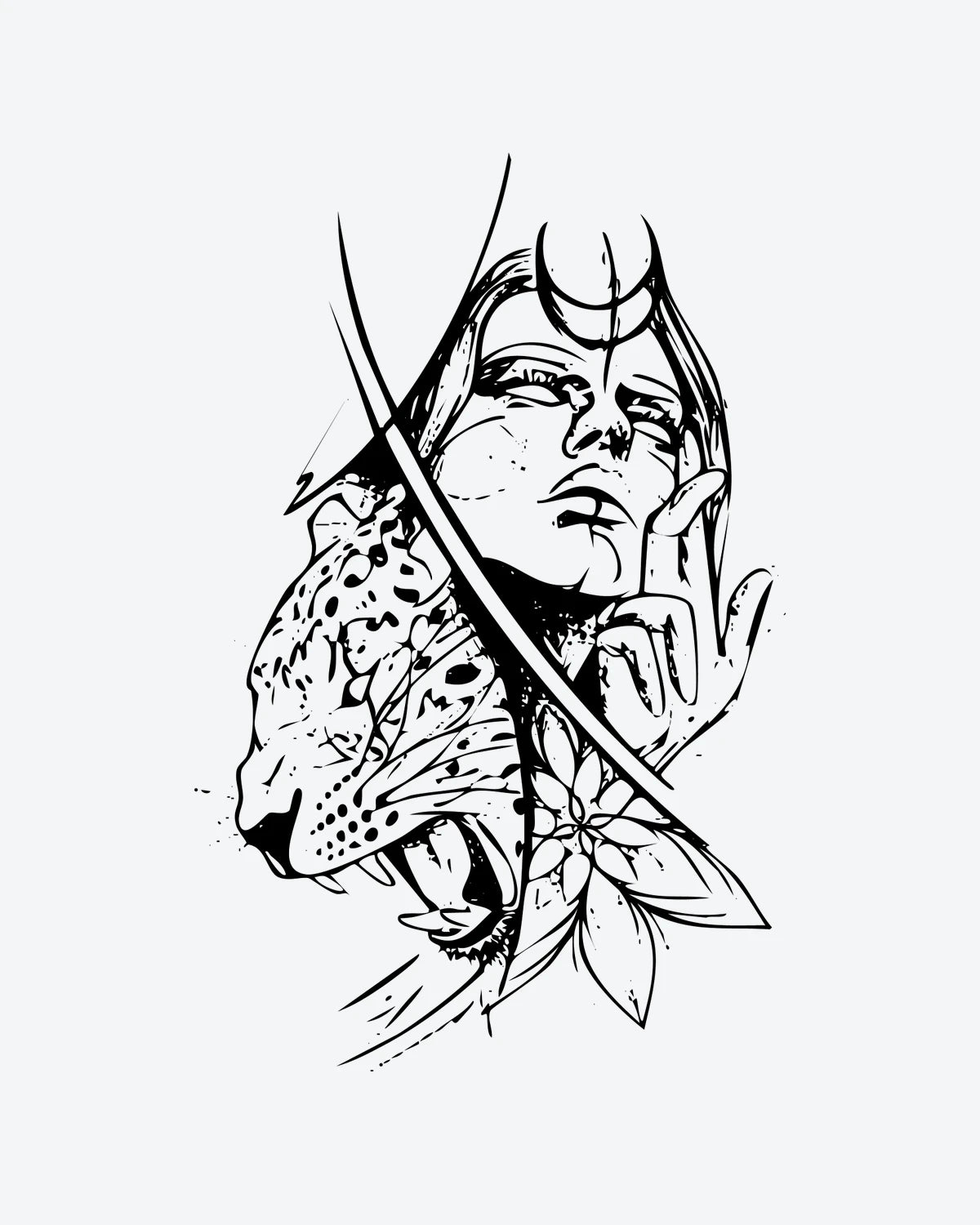 Wild Goddess semi-permanent tattoo design by INKY – Crescent Moon, Flower, Lines, Woman, Face illustration, 4 x 7 in (10x17 cm), available at inkytatt.com