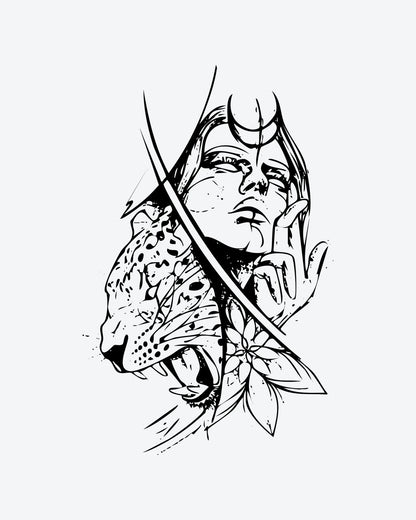 Wild Goddess semi-permanent tattoo design by INKY – Crescent Moon, Flower, Lines, Woman, Face illustration, 4 x 7 in (10x17 cm), available at inkytatt.com