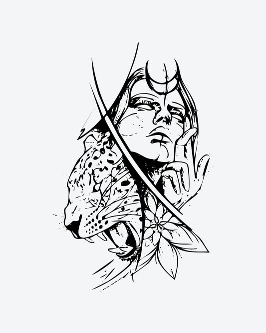 Wild Goddess semi-permanent tattoo design by INKY – Crescent Moon, Flower, Lines, Woman, Face illustration, 4 x 7 in (10x17 cm), available at inkytatt.com