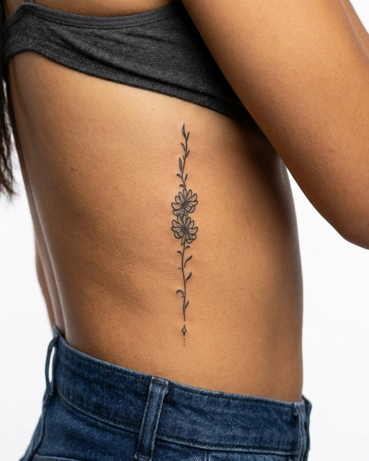 INKY Bloom Vine semi-permanent tattoo applied on a woman – 2 x 4 in (6x10 cm) design, realistic ink look, lasts 10 days