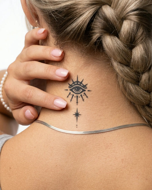 INKY Seeing Star semi-permanent tattoo applied on a woman – 2 x 2 in (4x4 cm) design, realistic ink look, lasts 10 days