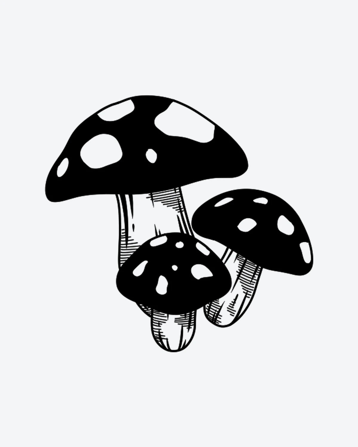 Shroom Trio 2 semi-permanent tattoo design by INKY – Mushroom, Dots, Stem illustration, 2 x 2 in (4x4 cm), available at inkytatt.com