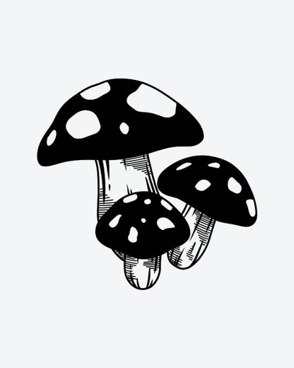 Shroom Trio 2 semi-permanent tattoo design by INKY – Mushroom, Dots, Stem illustration, 2 x 2 in (4x4 cm), available at inkytatt.com