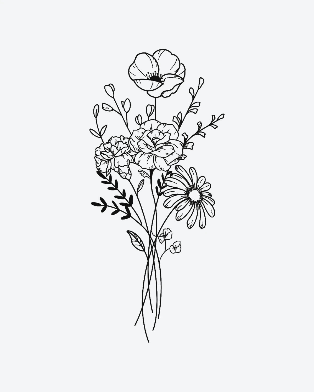 Floral Bloom semi-permanent tattoo design by INKY – Fine Line, Flower, Rose, Leaves, Daisy illustration, 2 x 4 in (6x10 cm), available at inkytatt.com