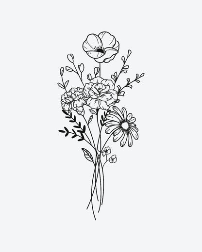 Floral Bloom semi-permanent tattoo design by INKY – Fine Line, Flower, Rose, Leaves, Daisy illustration, 2 x 4 in (6x10 cm), available at inkytatt.com