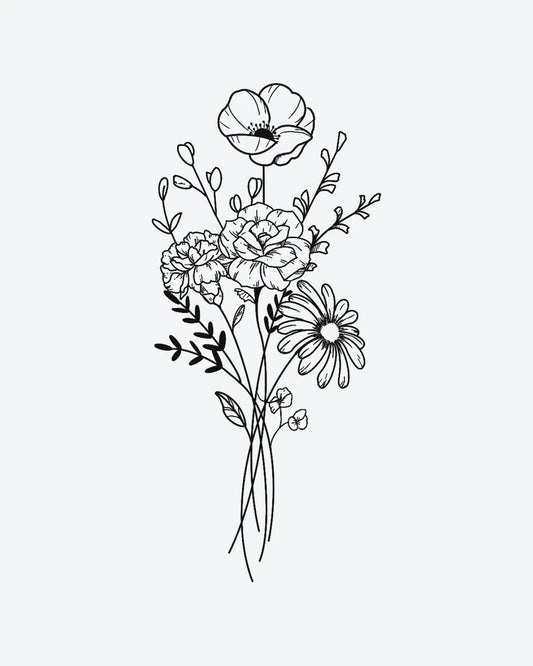 Floral Bloom semi-permanent tattoo design by INKY – Fine Line, Flower, Rose, Leaves, Daisy illustration, 2 x 4 in (6x10 cm), available at inkytatt.com