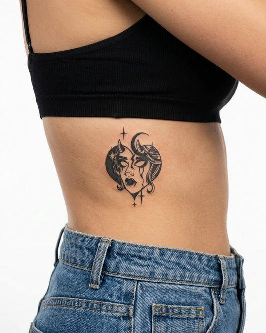 INKY Split Soul semi-permanent tattoo applied on a woman – 3 x 3 in (7x7 cm) design, realistic ink look, lasts 10 days