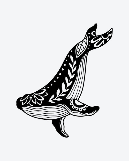 Ocean Bloom semi-permanent tattoo design by INKY – Leaves, Whale, Dots, Lines, Pattern illustration, 3 x 4 in (7x10 cm), available at inkytatt.com