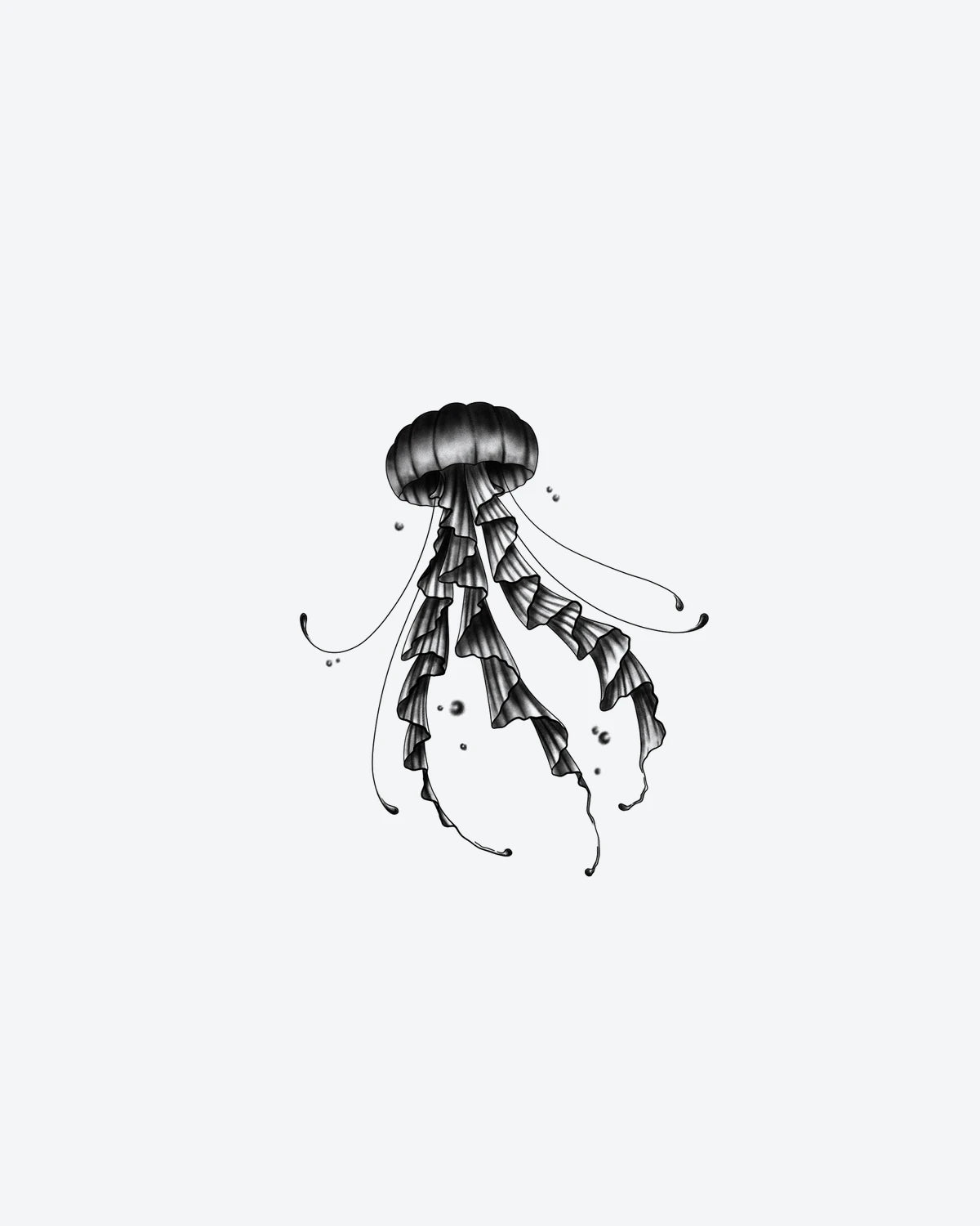 Shadow Jelly semi-permanent tattoo design by INKY – Fine Line, Jellyfish, Dotwork, Sea illustration, 3 x 4 in (7x10 cm), available at inkytatt.com