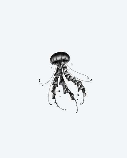 Shadow Jelly semi-permanent tattoo design by INKY – Fine Line, Jellyfish, Dotwork, Sea illustration, 3 x 4 in (7x10 cm), available at inkytatt.com