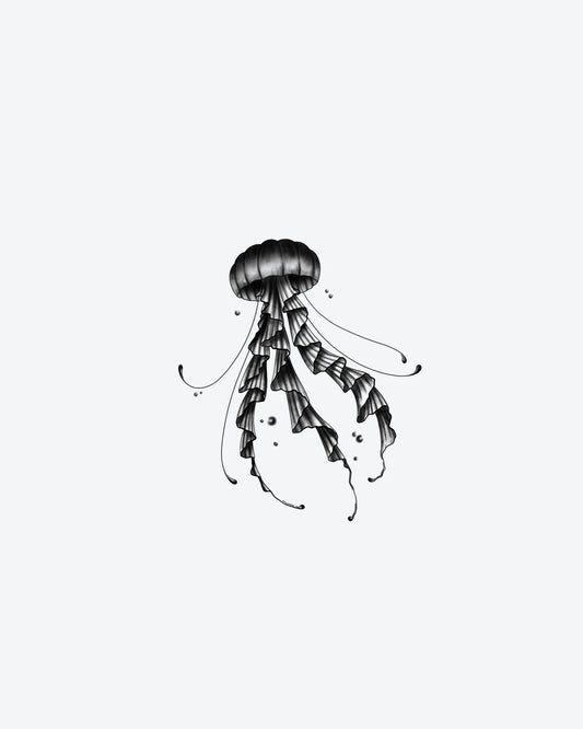 Shadow Jelly semi-permanent tattoo design by INKY – Fine Line, Jellyfish, Dotwork, Sea illustration, 3 x 4 in (7x10 cm), available at inkytatt.com