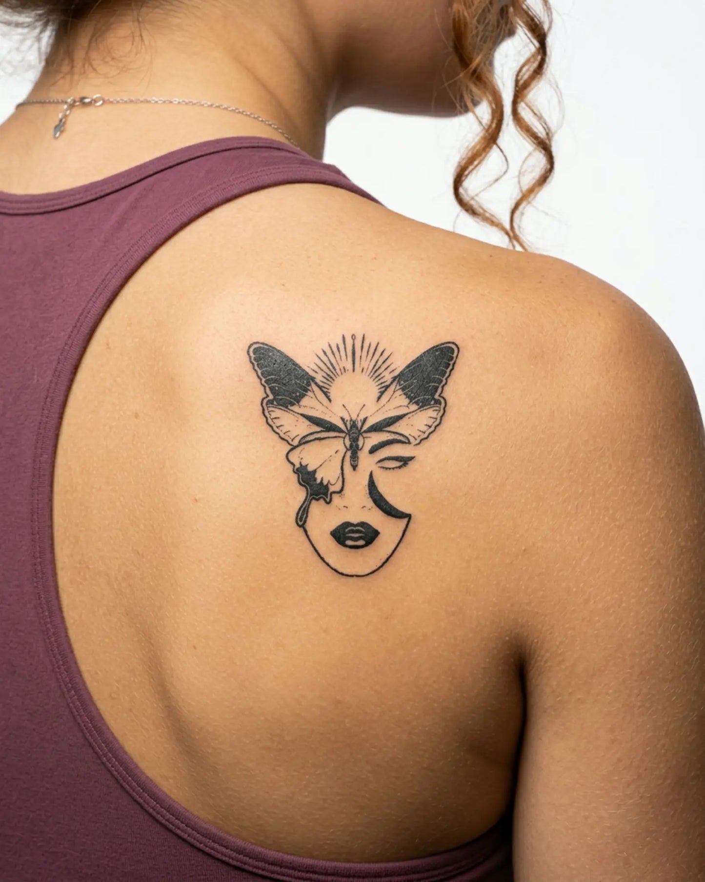 INKY Mystic Beauty semi-permanent tattoo applied on a woman – 3 x 4 in (7x10 cm) design, realistic ink look, lasts 10 days