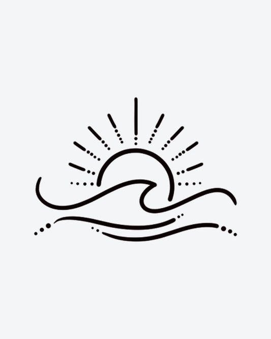 Horizon Sun semi-permanent tattoo design by INKY – Ocean Wave, Fine Line, Sun, Circle, Dotwork illustration, 2 x 2 in (4x4 cm), available at inkytatt.com