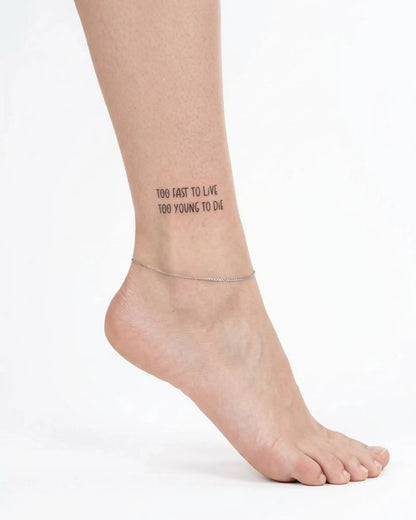 INKY Live Young 2 semi-permanent tattoo applied on a woman – 2 x 2 in (4x4 cm) design, realistic ink look, lasts 10 days