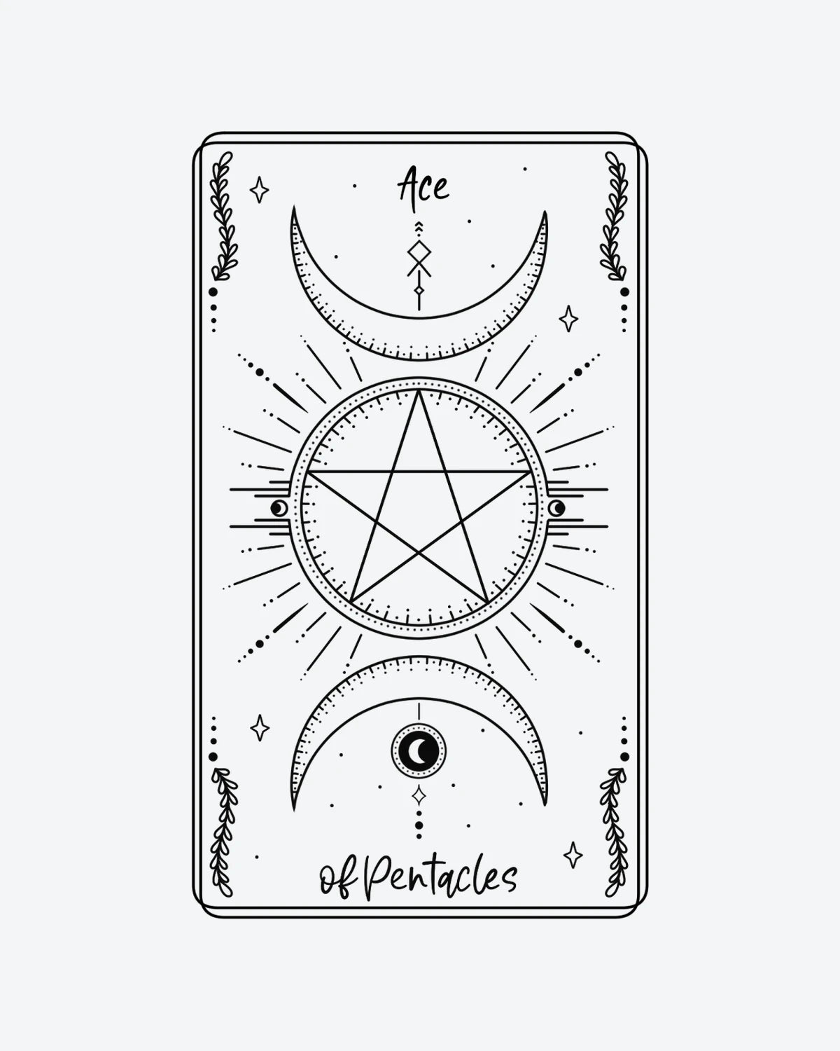 Ace Pentacles semi-permanent tattoo design by INKY – Crescent Moon, Fine Line, Vine, Star, Dots illustration, 2 x 4 in (6x10 cm), available at inkytatt.com