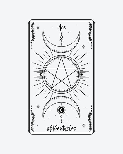 Ace Pentacles semi-permanent tattoo design by INKY – Crescent Moon, Fine Line, Vine, Star, Dots illustration, 2 x 4 in (6x10 cm), available at inkytatt.com