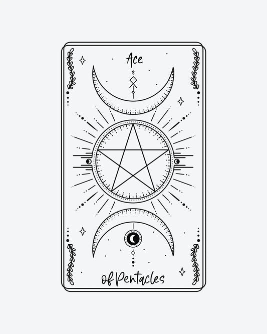 Ace Pentacles semi-permanent tattoo design by INKY – Crescent Moon, Fine Line, Vine, Star, Dots illustration, 2 x 4 in (6x10 cm), available at inkytatt.com