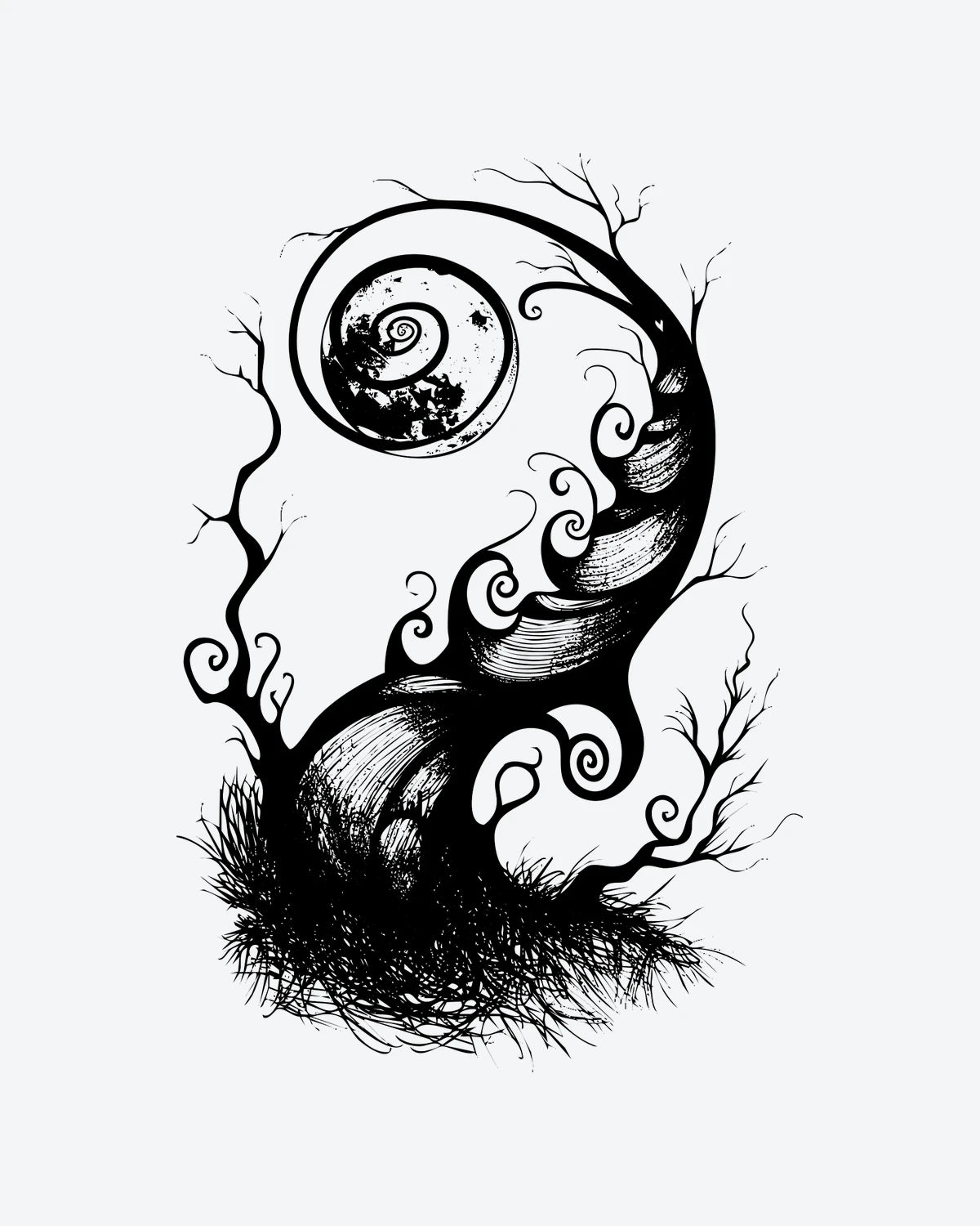 Nightwood semi-permanent tattoo design by INKY – Tree, Moon, Spiral, Root, Branches illustration, 4 x 7 in (10x17 cm), available at inkytatt.com