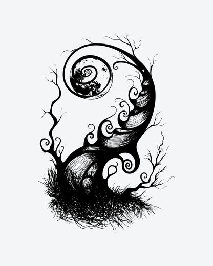 Nightwood semi-permanent tattoo design by INKY – Tree, Moon, Spiral, Root, Branches illustration, 4 x 7 in (10x17 cm), available at inkytatt.com