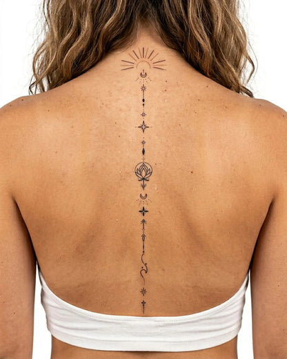 INKY Celestial Pat 2 semi-permanent tattoo applied on a woman – 4 x 8 in (11x20 cm) design, realistic ink look, lasts 10 days