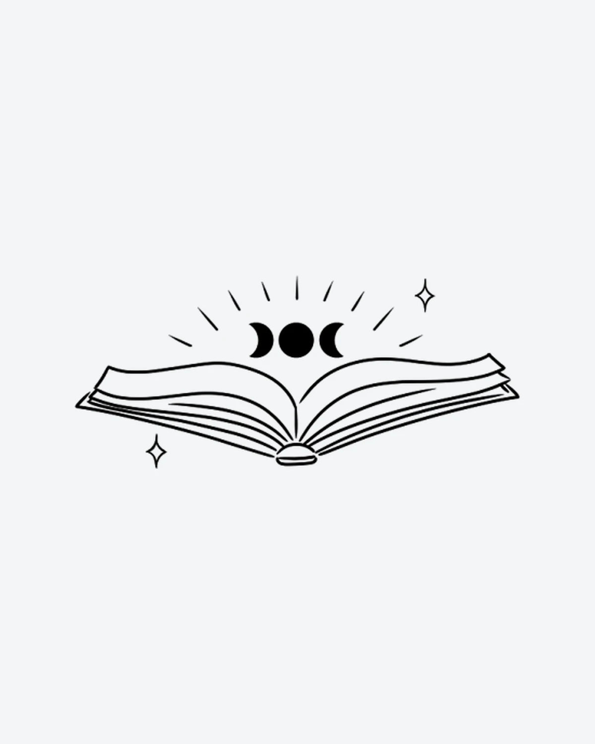 Spell Book semi-permanent tattoo design by INKY – Fine Line, Moon, Star, Lines, Book illustration, 2 x 2 in (4x4 cm), available at inkytatt.com