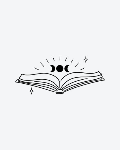Spell Book semi-permanent tattoo design by INKY – Fine Line, Moon, Star, Lines, Book illustration, 2 x 2 in (4x4 cm), available at inkytatt.com