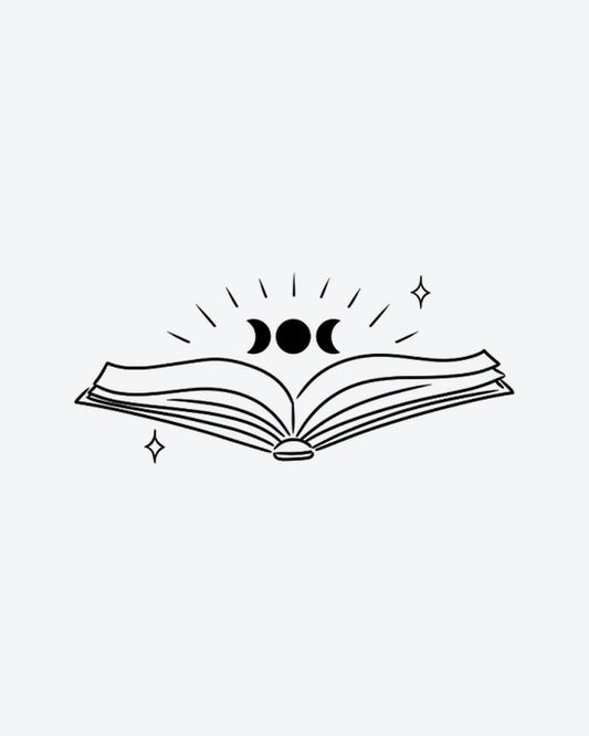 Spell Book semi-permanent tattoo design by INKY – Fine Line, Moon, Star, Lines, Book illustration, 2 x 2 in (4x4 cm), available at inkytatt.com