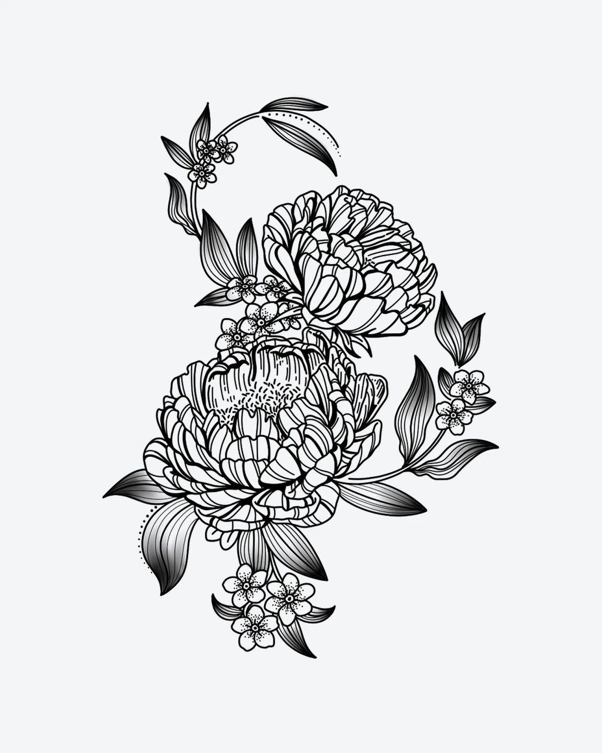 Peony Bloom semi-permanent tattoo design by INKY – Fine Line, Flower, Leaves, Dotwork, Petal illustration, 3 x 4 in (7x10 cm), available at inkytatt.com