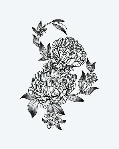 Peony Bloom semi-permanent tattoo design by INKY – Fine Line, Flower, Leaves, Dotwork, Petal illustration, 3 x 4 in (7x10 cm), available at inkytatt.com