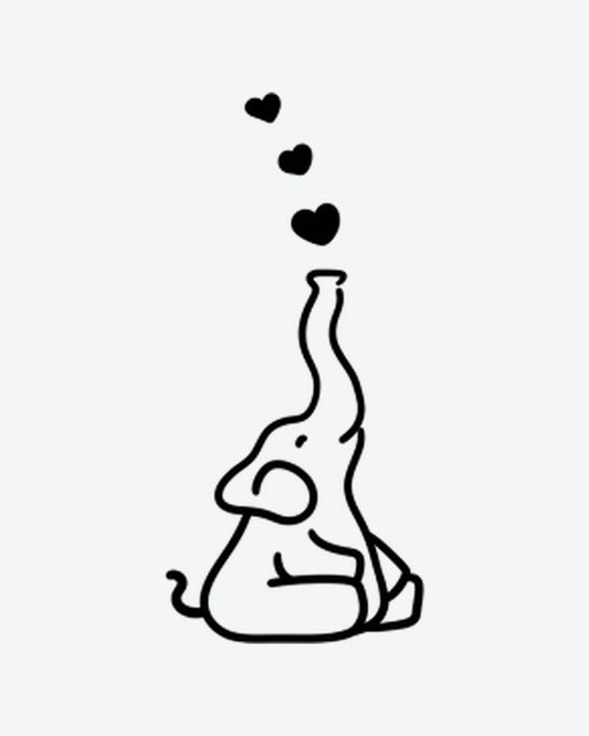 Lovephant semi-permanent tattoo design by INKY – Fine Line, Elephant, Heart illustration, 2 x 2 in (4x4 cm), available at inkytatt.com