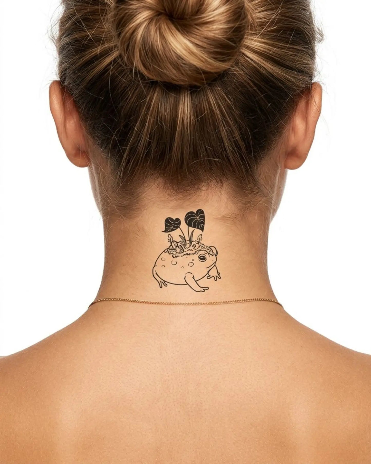 INKY Flora Frog semi-permanent tattoo applied on a woman – 2 x 2 in (4x4 cm) design, realistic ink look, lasts 10 days